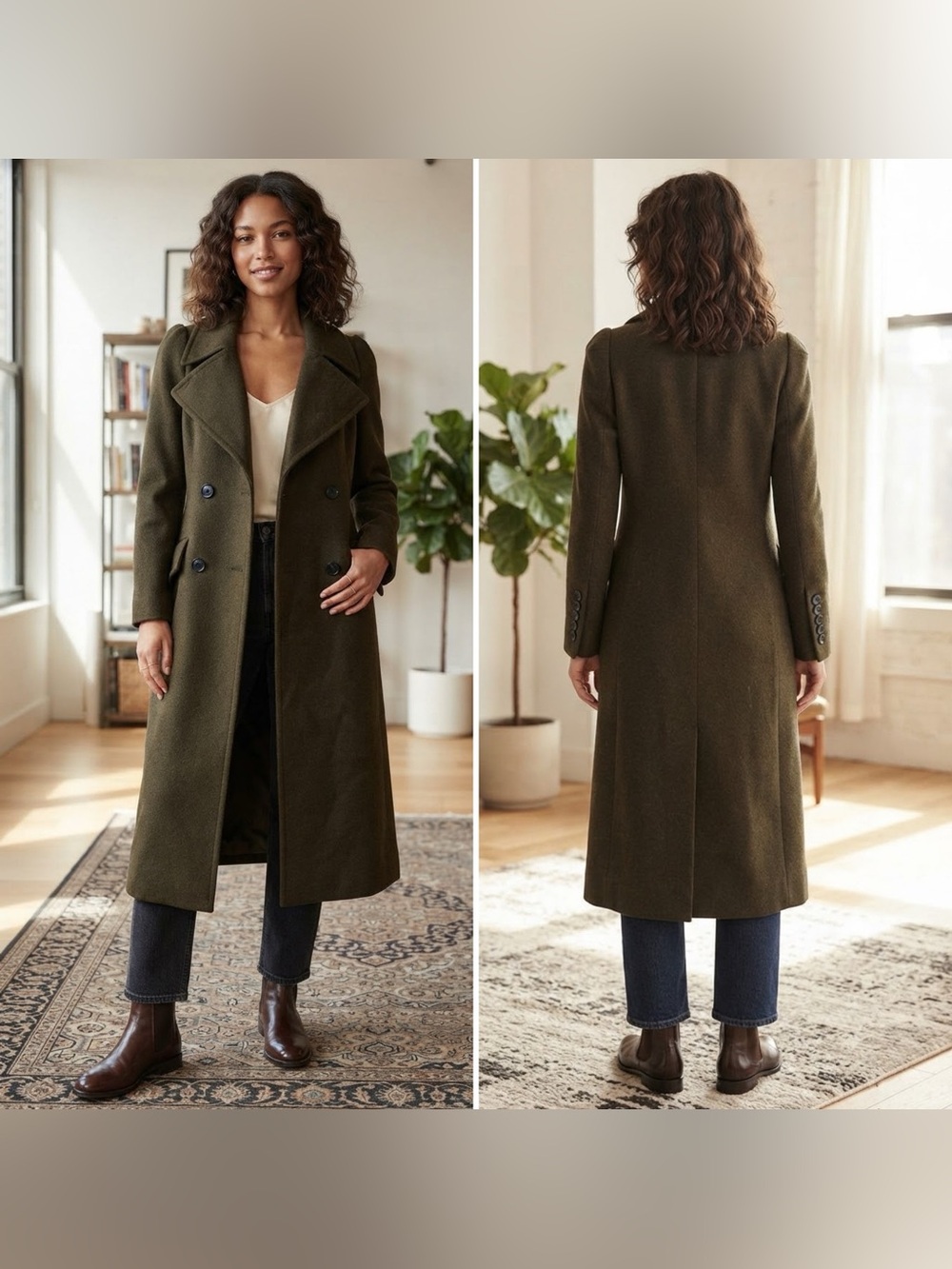 BCBG MAXAZRIA Women’s Small Army Green Wool Double Breasted Long Coat Overcoat